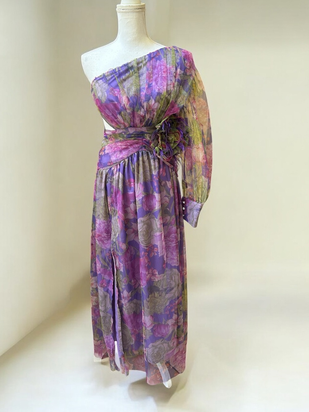 Women’s Lavender Floral Mesh Retro style One Shoulder Mesh Slit Maxi Dress Med